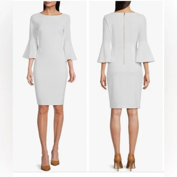 Calvin klein bell sleeve sheath dress white sale